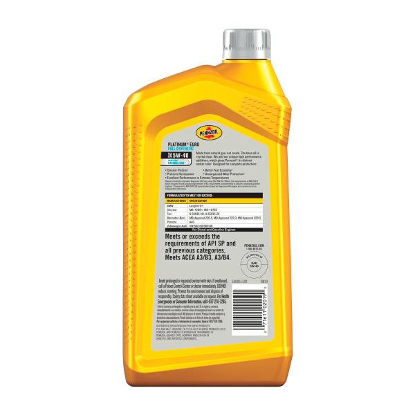 Pennzoil Platinum Euro Full Synthetic 5W-40 Motor Oil, 1 Quart - Görsel 2